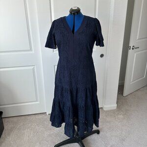 Chico's Women's (16 C-3) Eyelet Flounce Sleeve Dress Navy Blue
